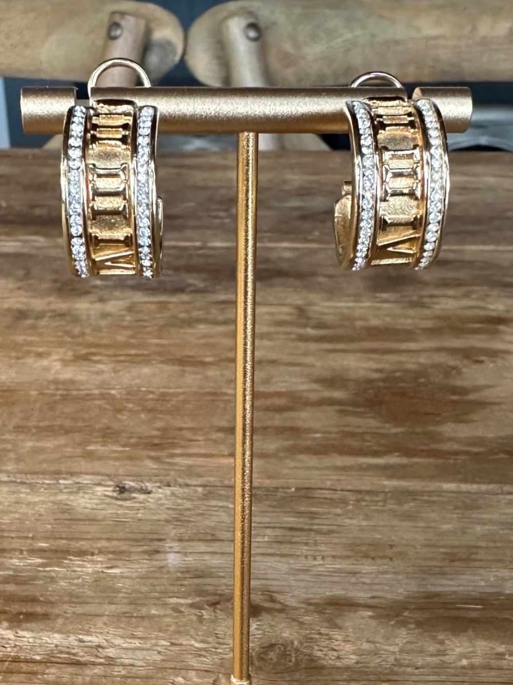 Vintage Gold-Tone Roman Numeral Crystal Rhinestone Hoop Earrings